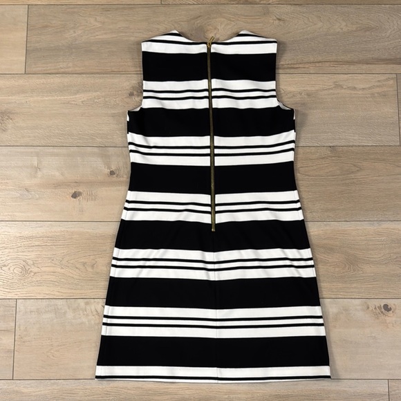Calvin Klein Black and White Striped Sleeveless Sheath Dress with Gold Zipper - Picture 8 of 12